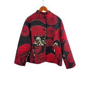 Women’s Chico’s Size 2XL Red, Black, & Cream Patterned Overcoat